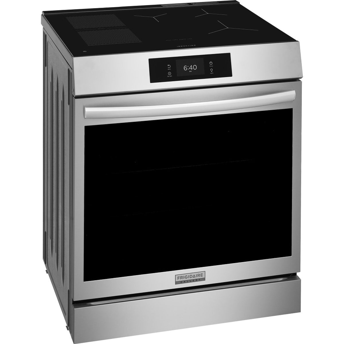 Angled front view of a Frigidaire Gallery stainless steel front-control range with a black glass cooktop