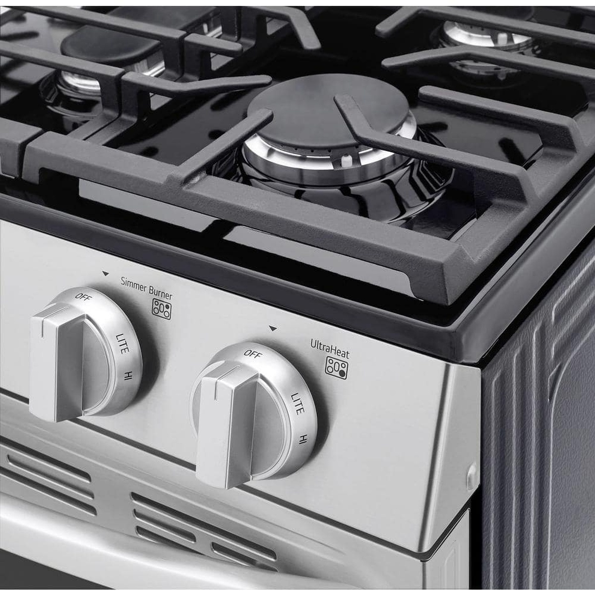 Close-up of the cooktop with heavy grates and front-mounted knobs labeled Simmer Burner and UltraHeat