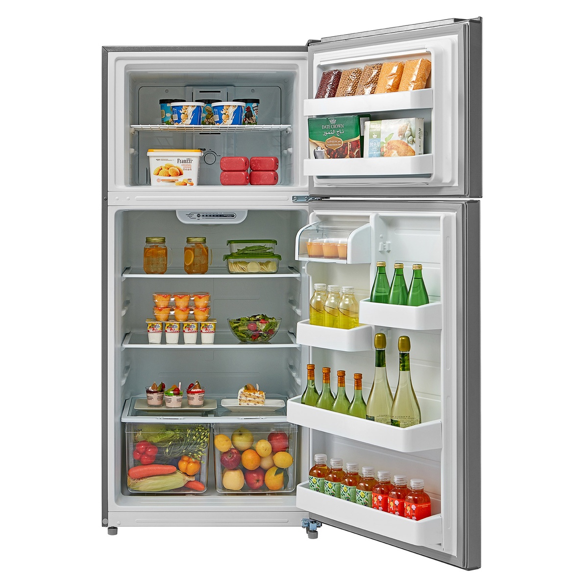 Open Midea top-freezer refrigerator stocked with food, showing wire freezer shelf, interior electronic controls, glass shelves, door bins, and two clear crisper drawers