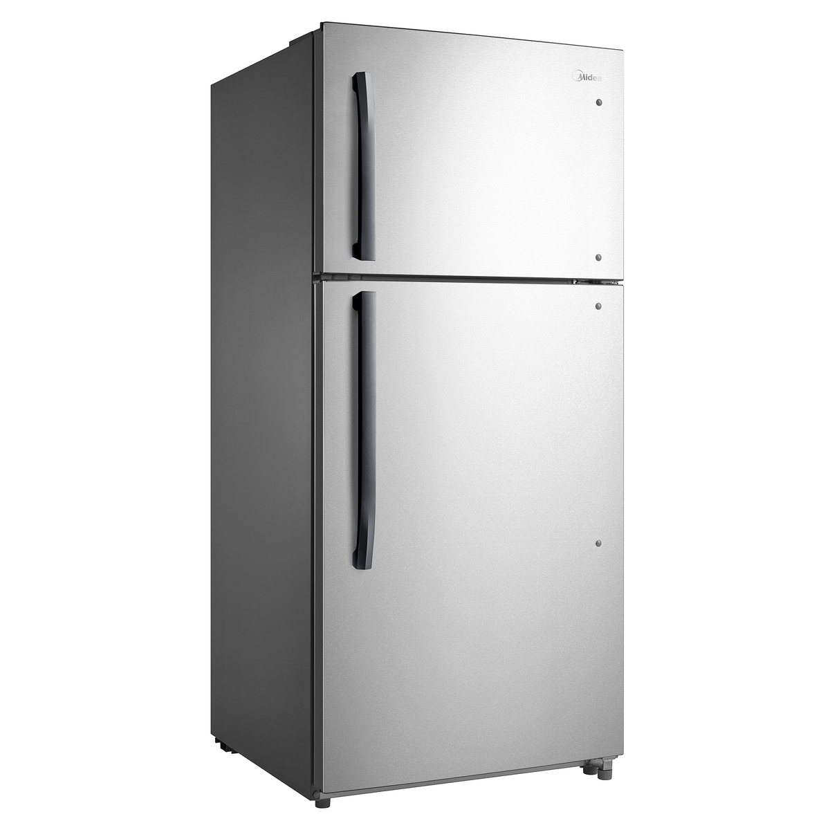Angled front view of a Midea stainless steel top-mount refrigerator with black vertical handles