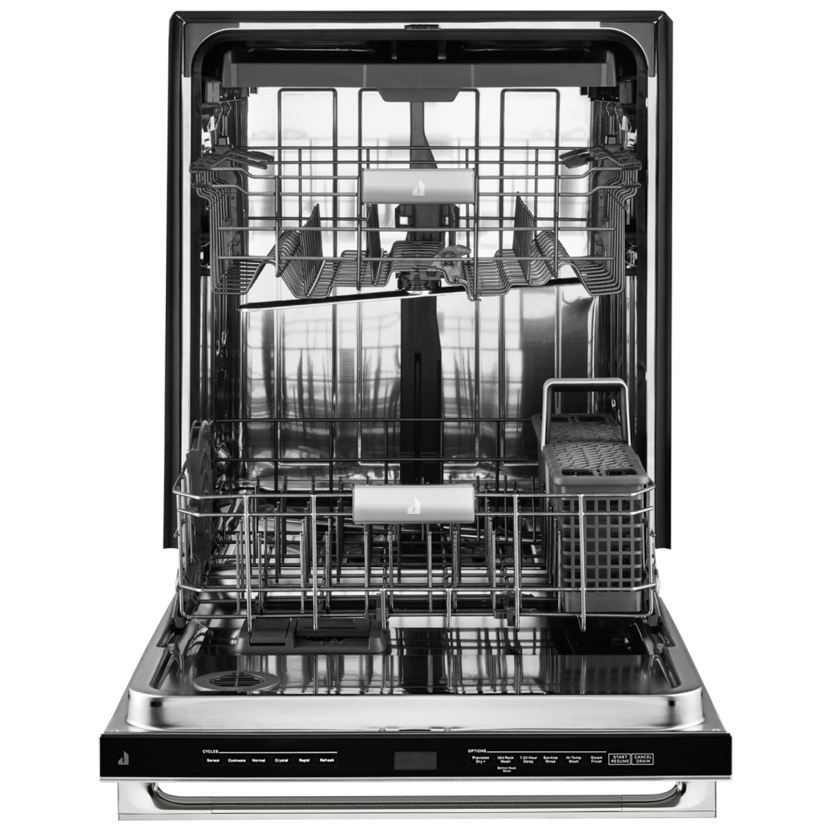 Open JennAir dishwasher showing stainless steel interior, upper and lower racks, cutlery basket, and the top-edge control panel