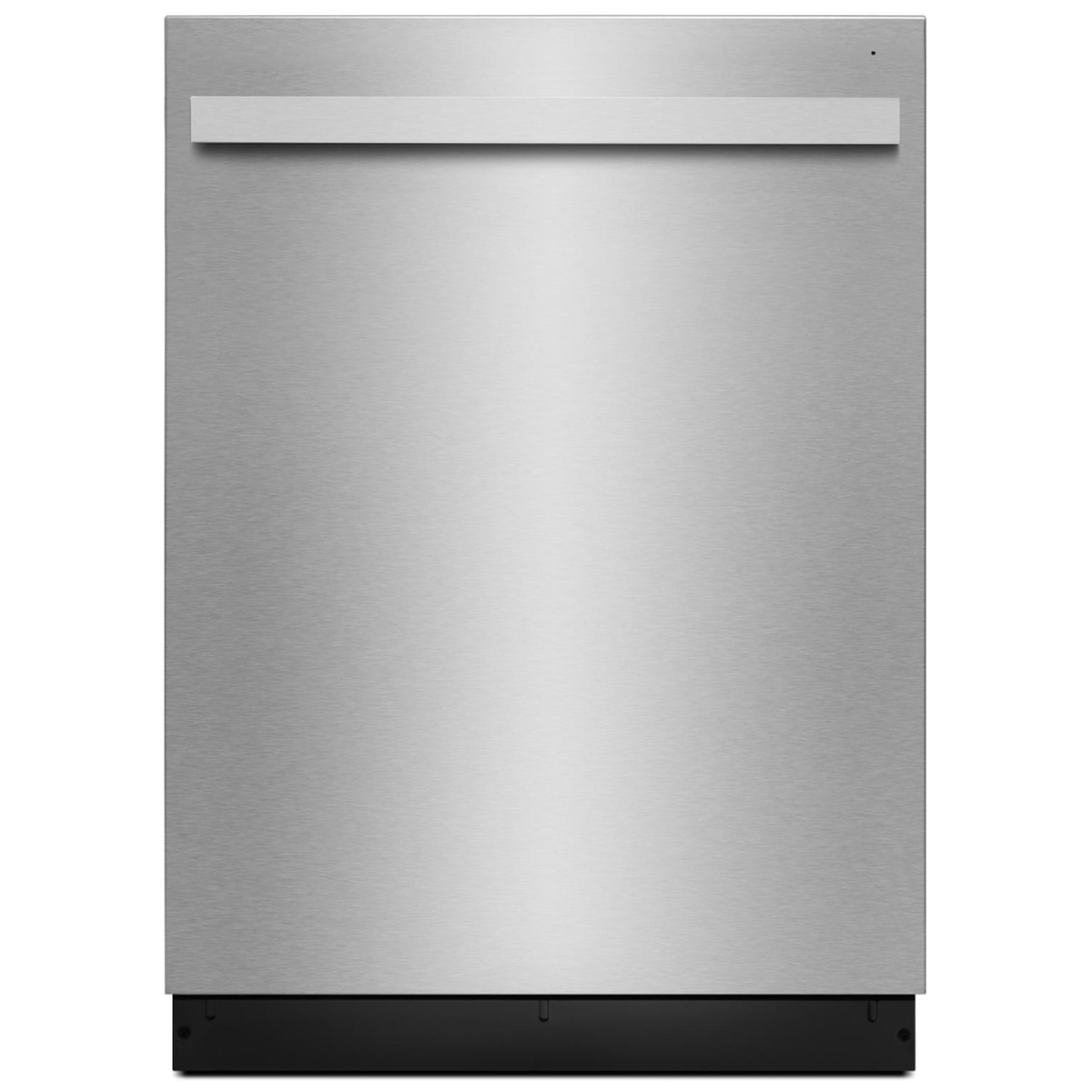 Front view of a JennAir stainless dishwasher with a wide horizontal handle near the top