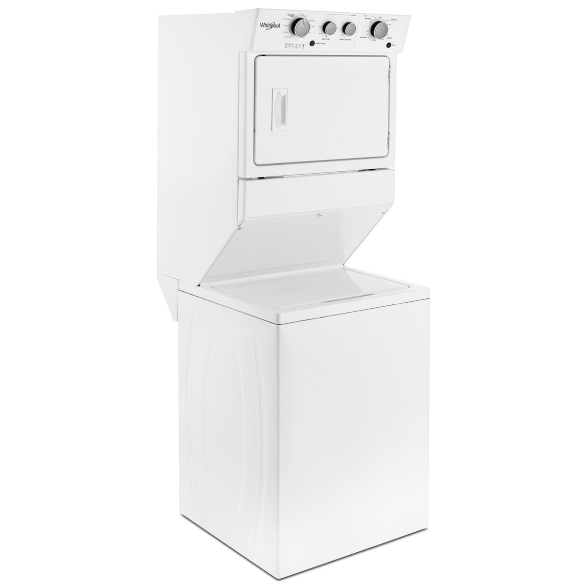 Angled view of a white Whirlpool stacked laundry center showing the stacked dryer above and the top-load washer below with the washer lid raised.