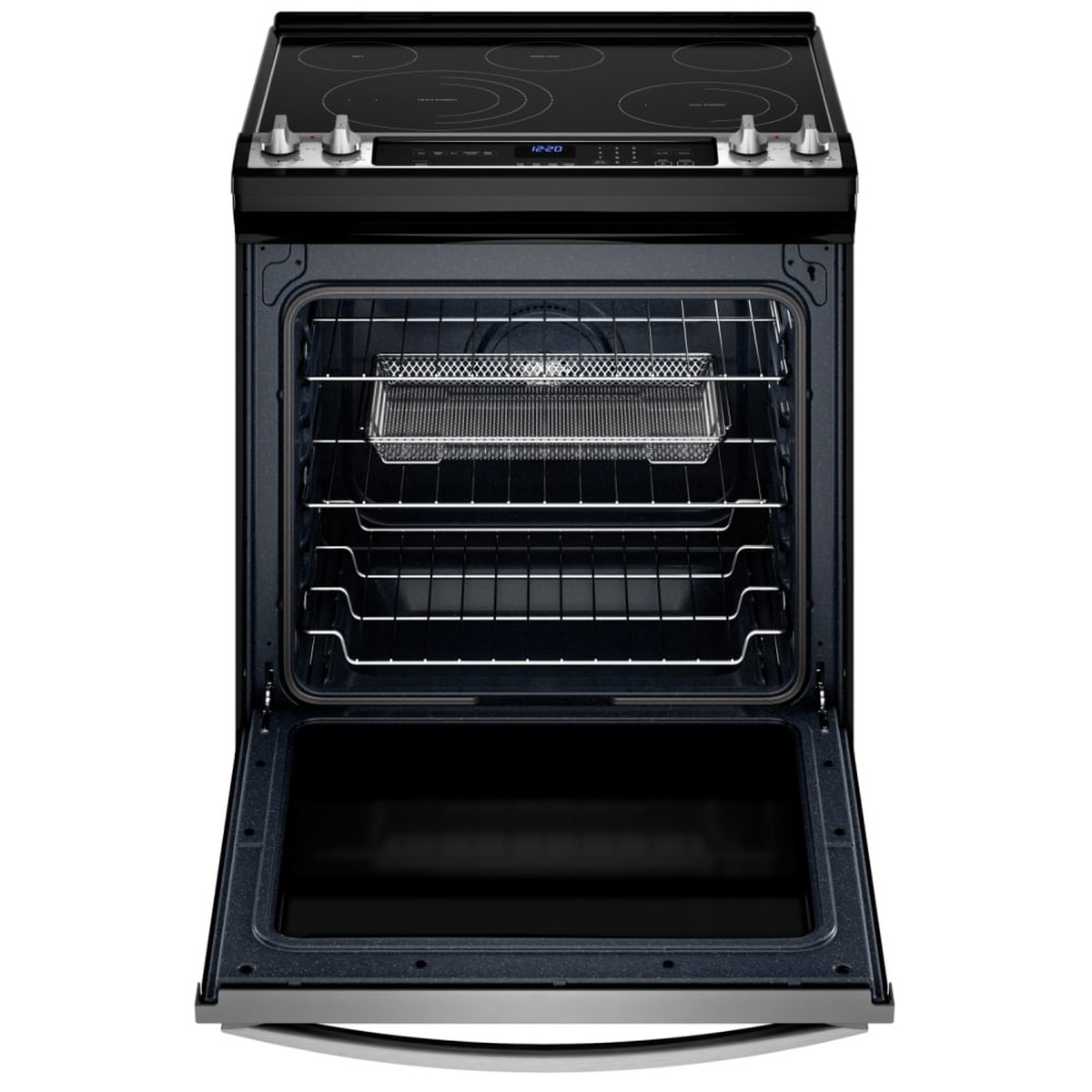 Oven door open showing multiple racks with an air fry basket inside