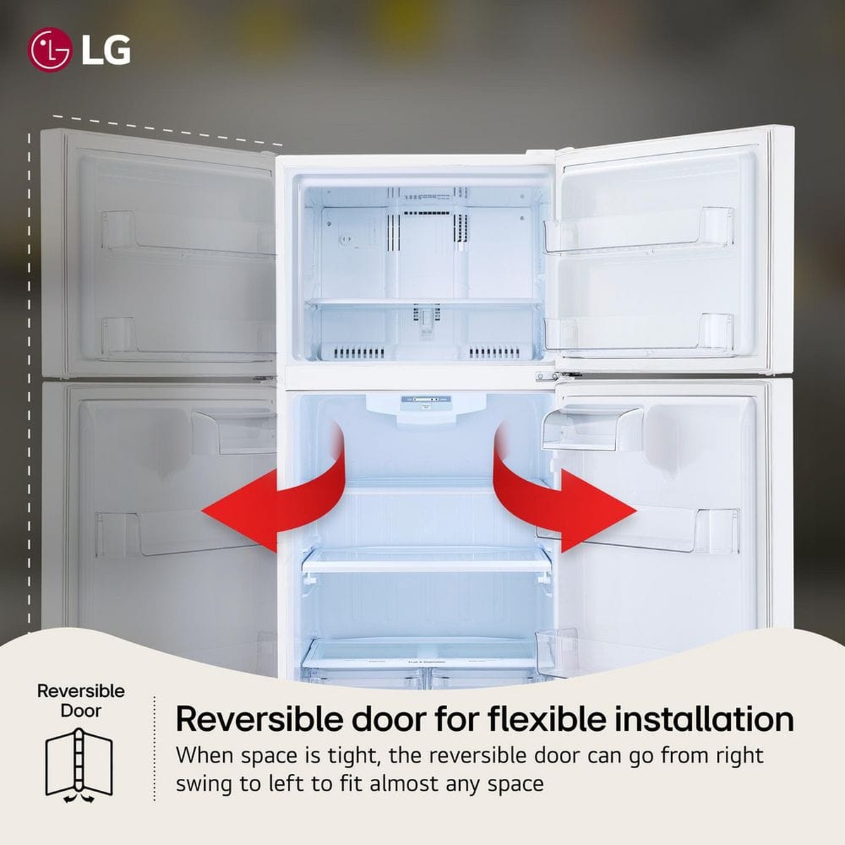 Open refrigerator with arrows and text highlighting a reversible door for flexible installation, with LG branding in the corner.