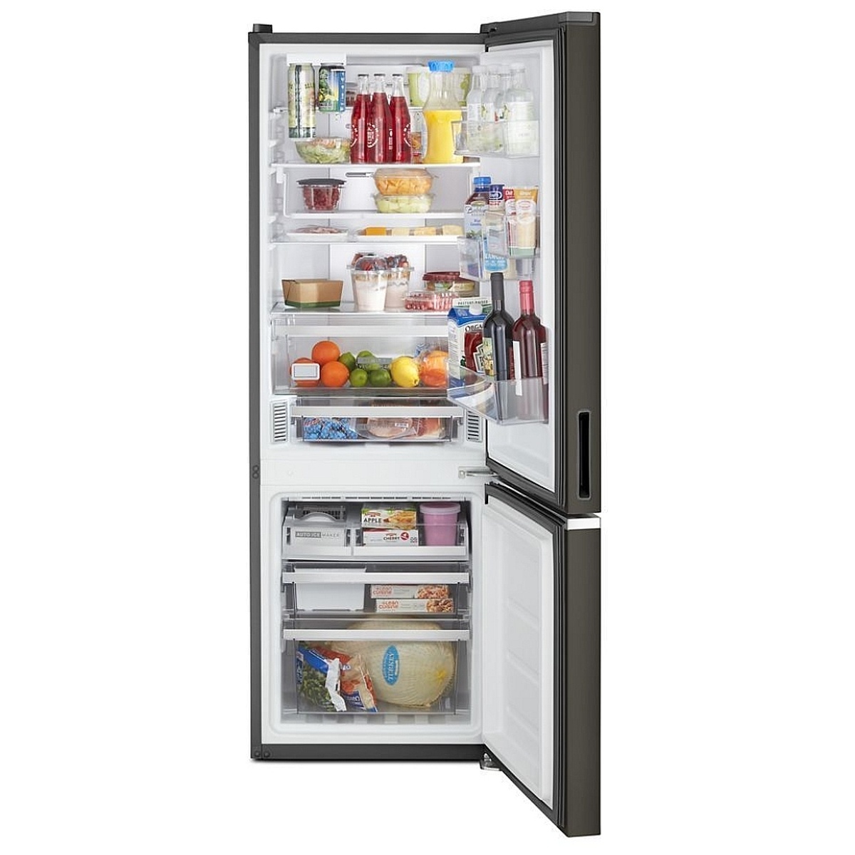Open Whirlpool bottom-freezer refrigerator showing glass shelves, door bins, drawers, and freezer storage with a built-in ice maker