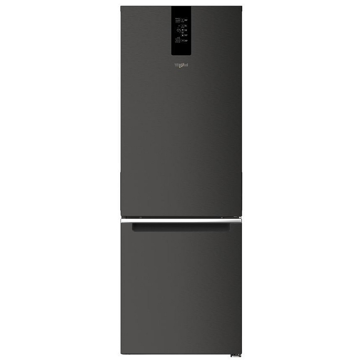 Front view of the Whirlpool black stainless bottom-freezer refrigerator with an exterior control panel on the upper door