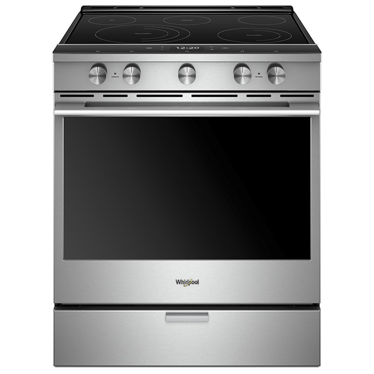 Front view of a Whirlpool slide-in electric range showing the smooth glass cooktop, front control knobs, and stainless steel oven door