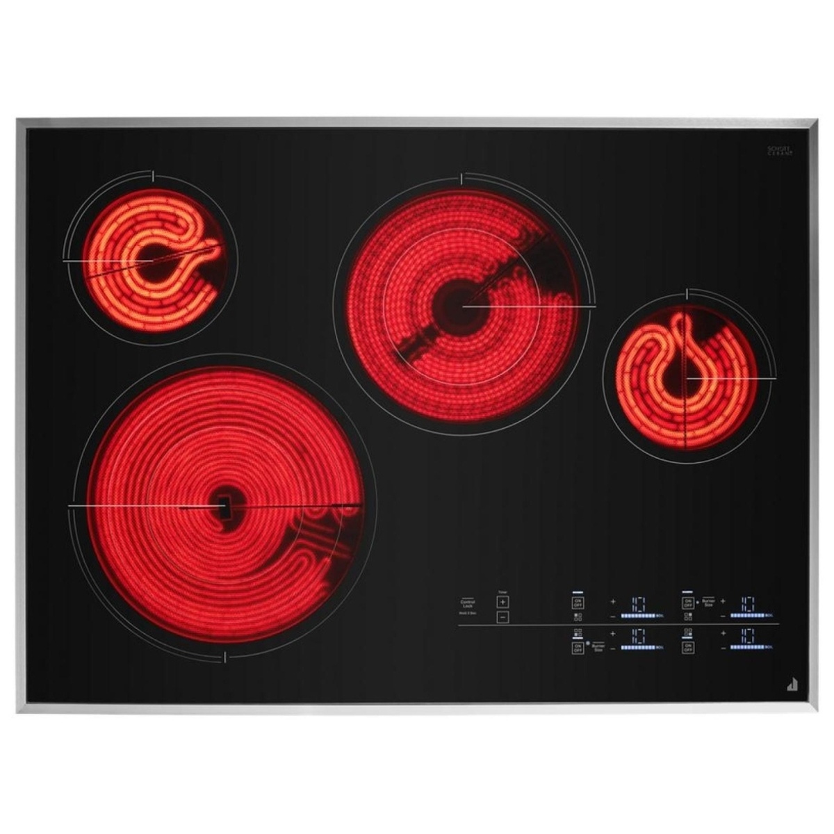 Top view of the JennAir electric cooktop with four radiant elements glowing red and touch controls lit on the right side