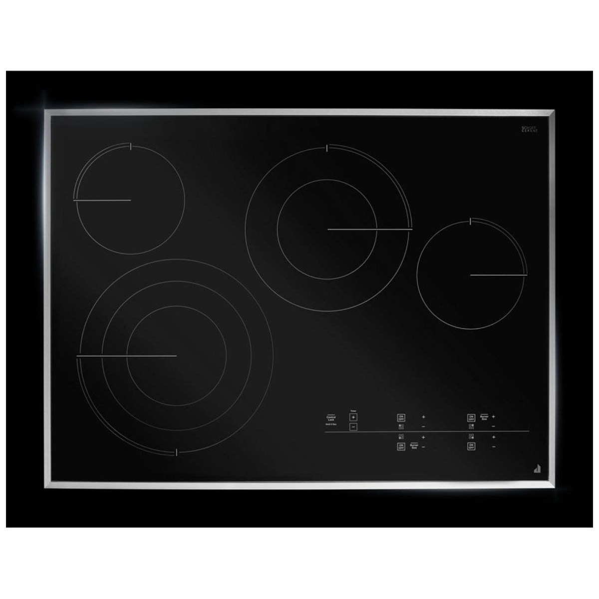 Angled top view of the JennAir black glass electric cooktop showing brushed metal trim around the edge
