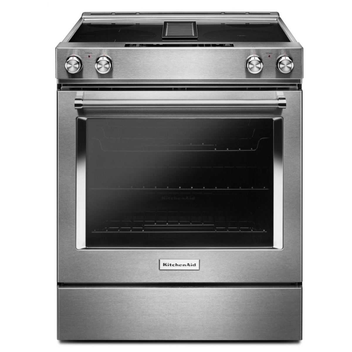 Front view of the stainless steel slide-in electric range with four knobs, a wide oven window, and a large handle