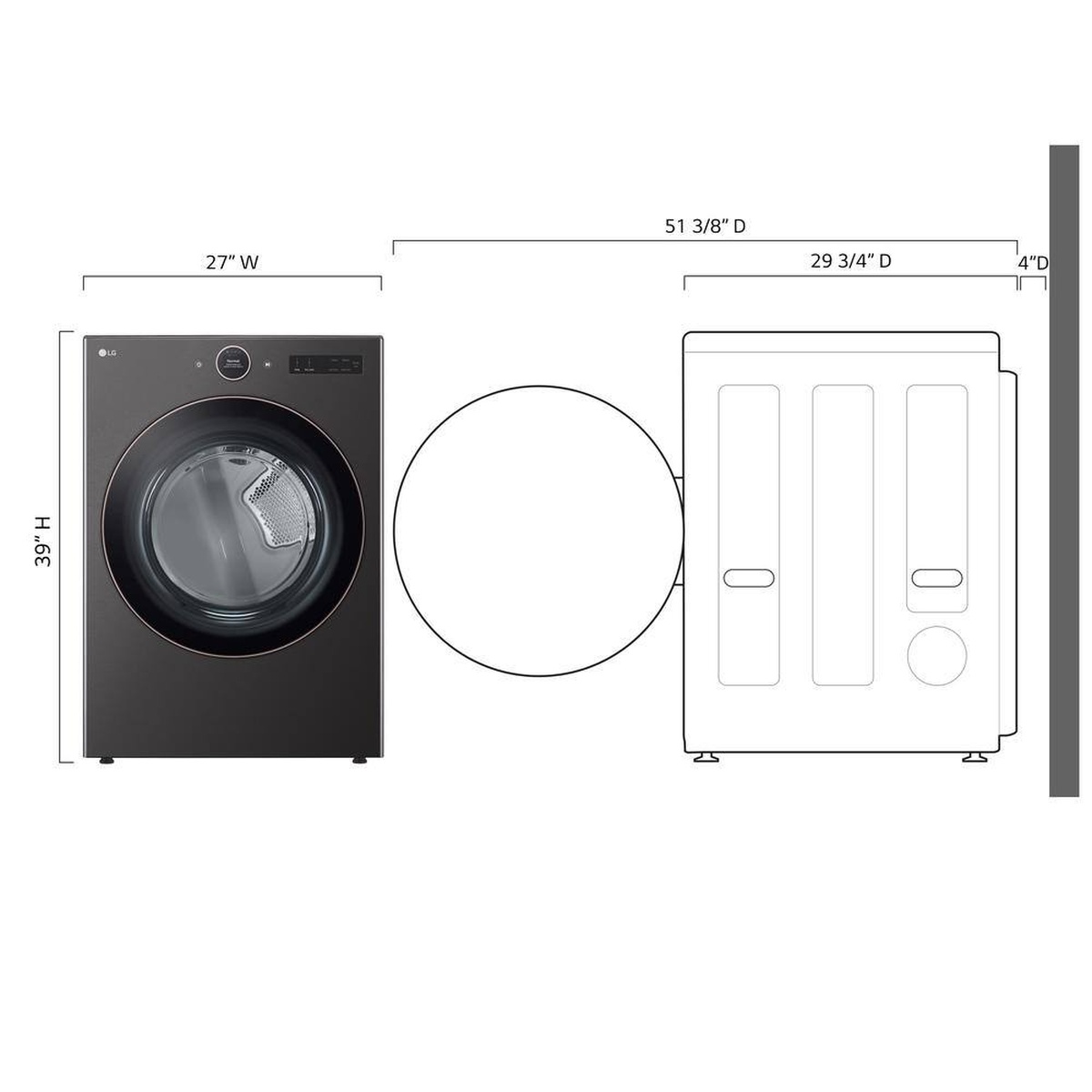 LG dryer dimension diagram showing 27 inch width, 39 inch height, 29 3/4 inch depth, and 51 3/8 inch depth with door open