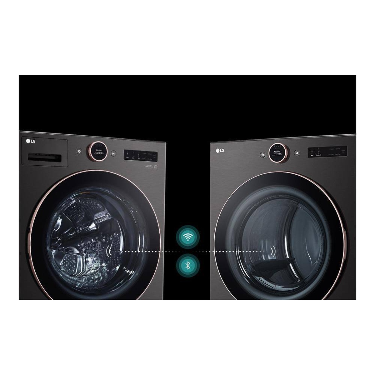 LG front load washer and dryer shown side by side with wireless connectivity icons between them