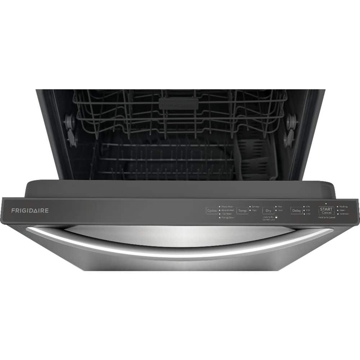 Top control panel on the Frigidaire dishwasher with cycle and option buttons