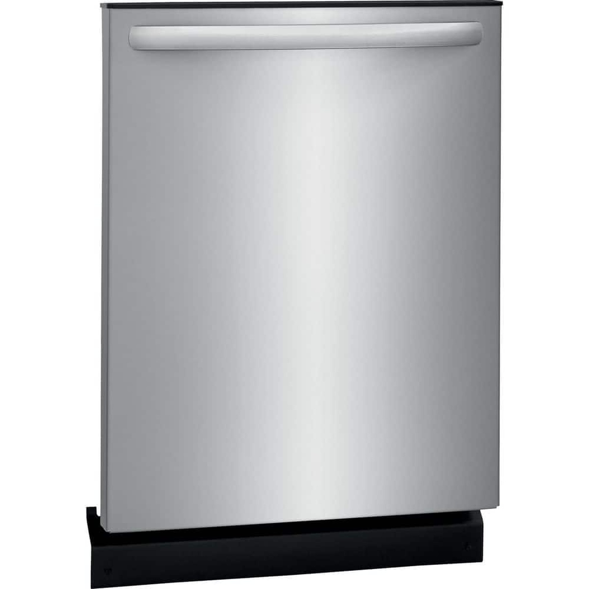 Angled front view of a stainless steel Frigidaire built-in dishwasher with a bar handle