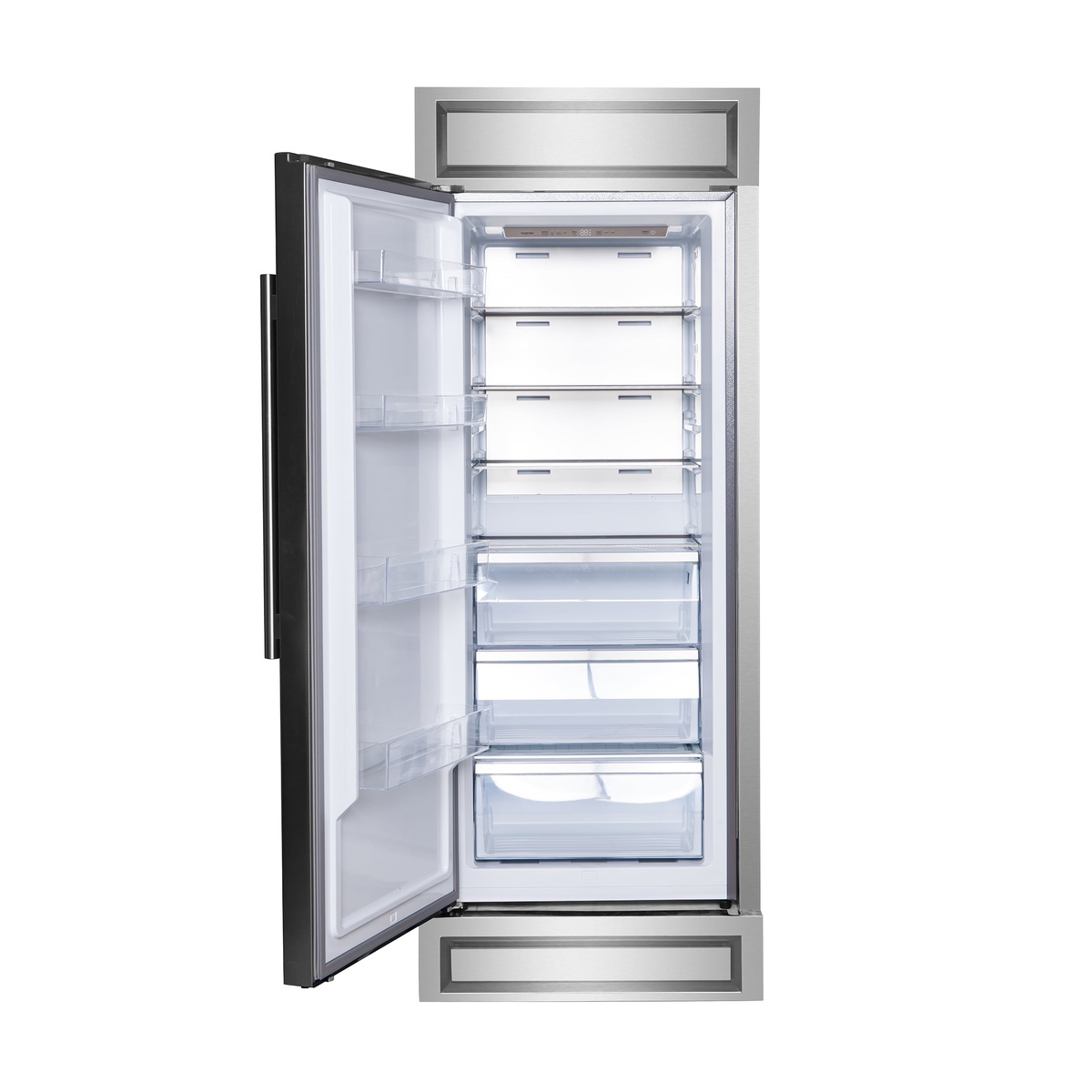 Open FORNO single-door convertible refrigerator/freezer showing glass shelves, door bins, and three clear storage drawers