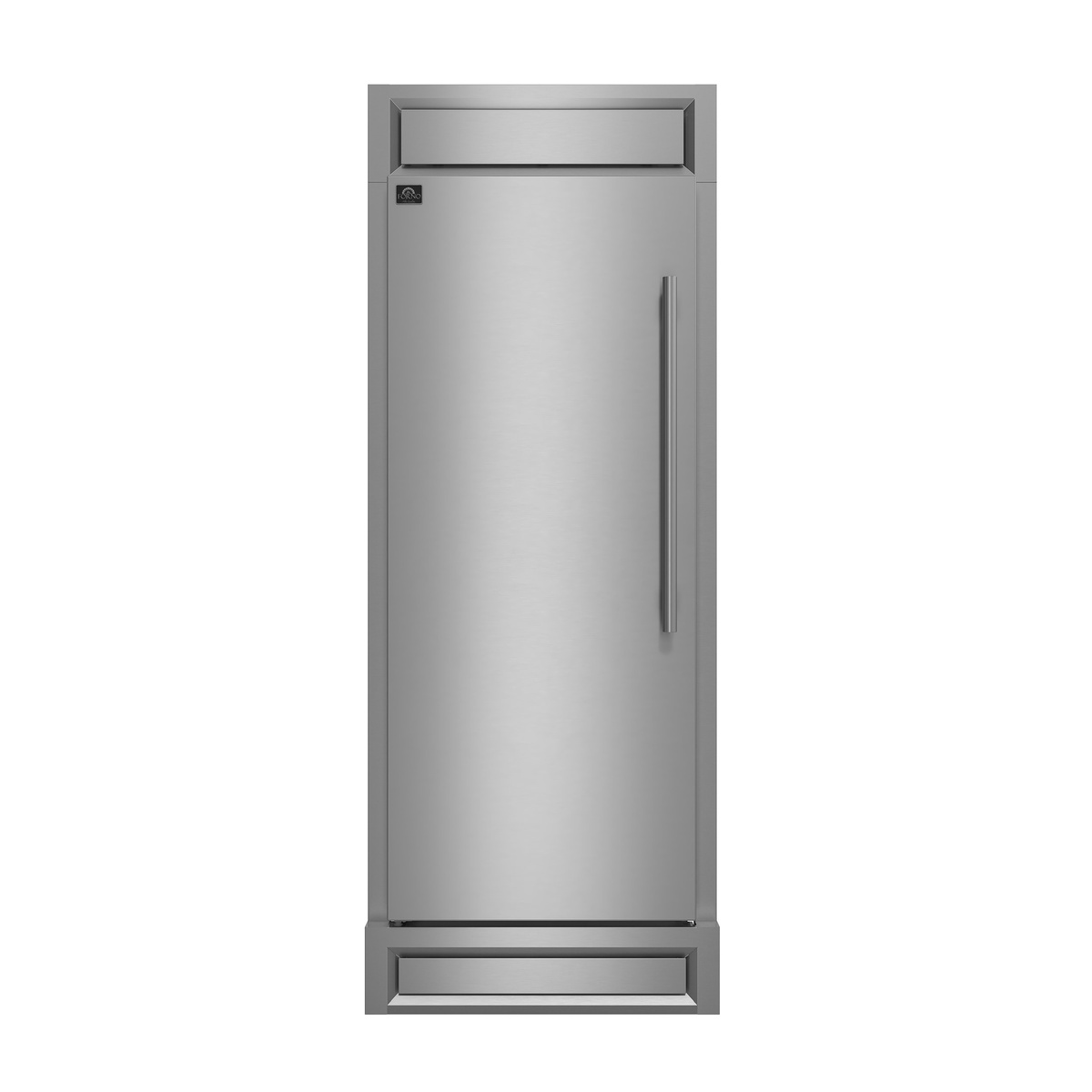Front view of a FORNO stainless steel single-door built-in style refrigerator/freezer with long vertical handle and decorative top and bottom trim