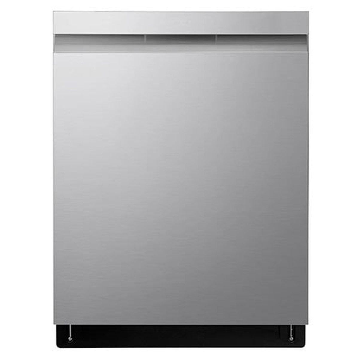 Front view of an LG stainless steel top-control dishwasher with a pocket handle