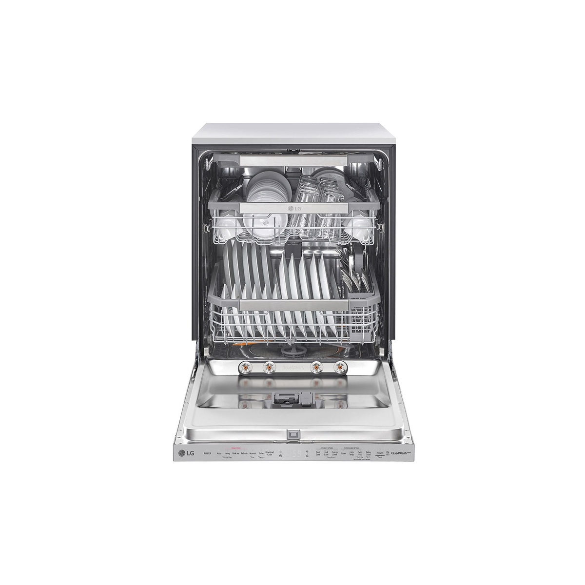Open LG dishwasher showing a three-rack interior with an upper rack, lower rack with plate tines, and a slim third rack area