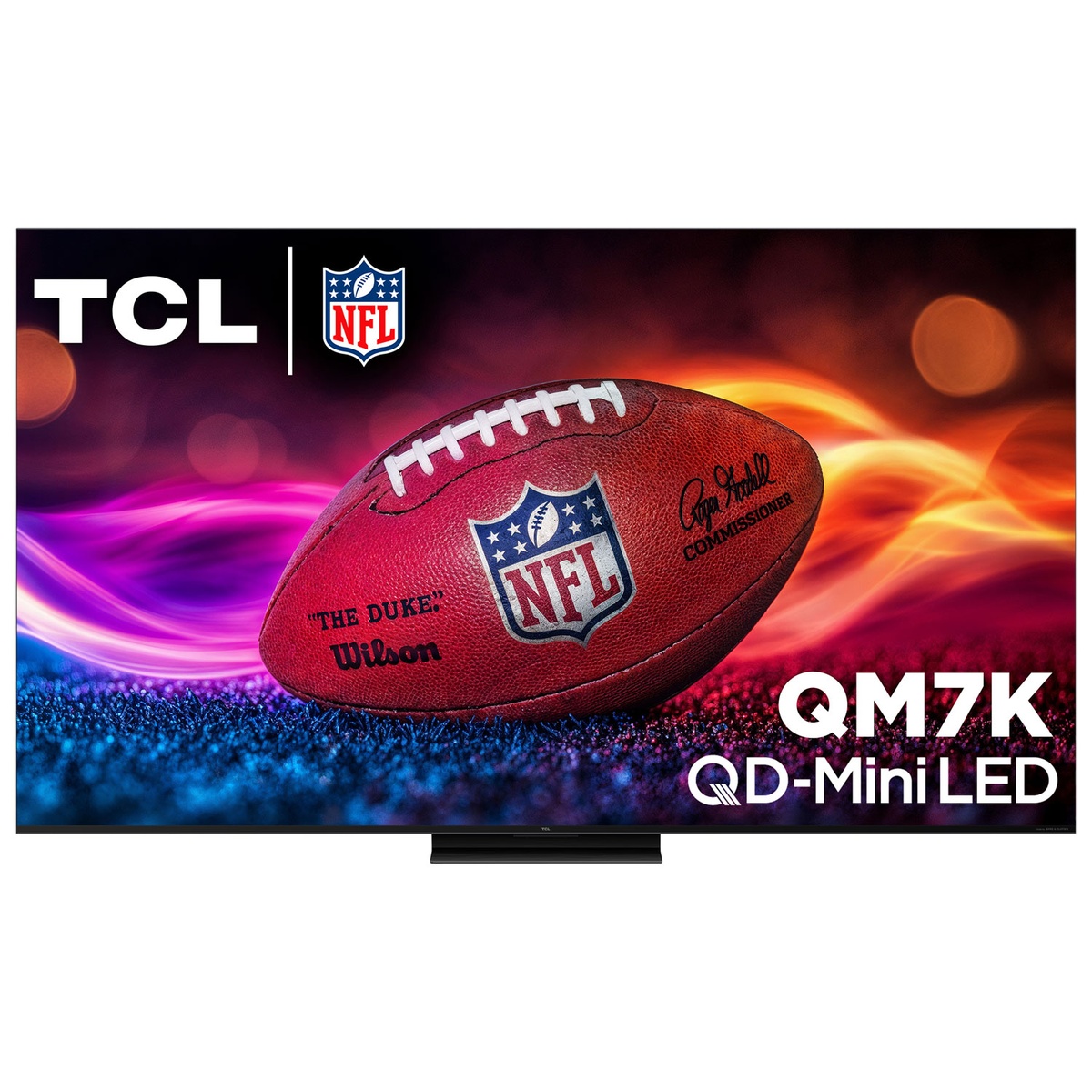 Front view of TCL QM7K TV showing TCL branding and QM7K QD-Mini LED text on screen