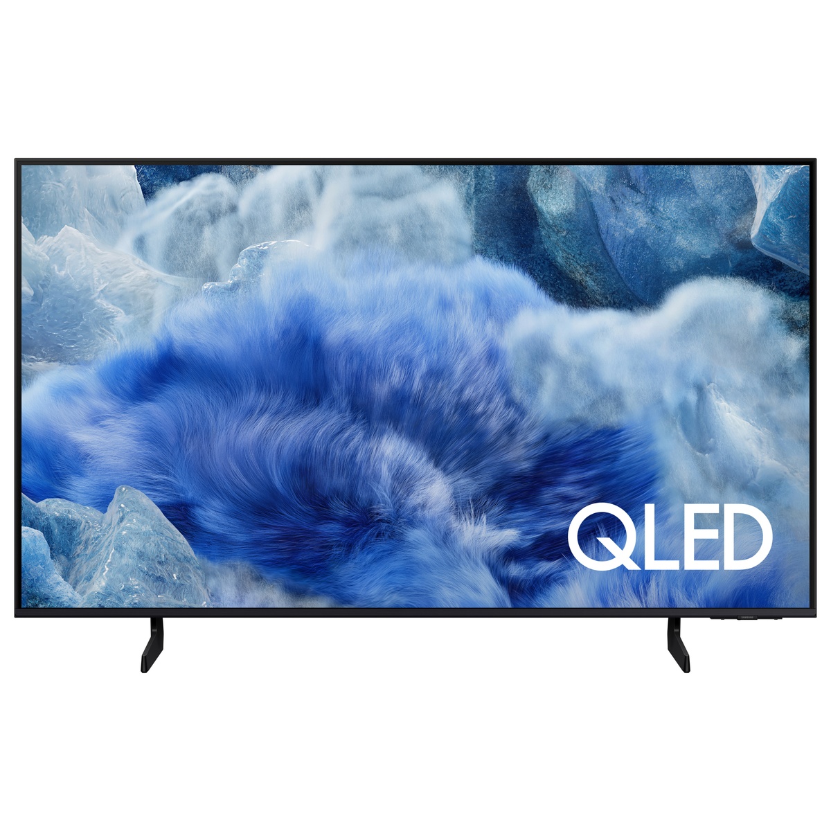Front view of a Samsung QLED TV on two feet stands with QLED text on the screen