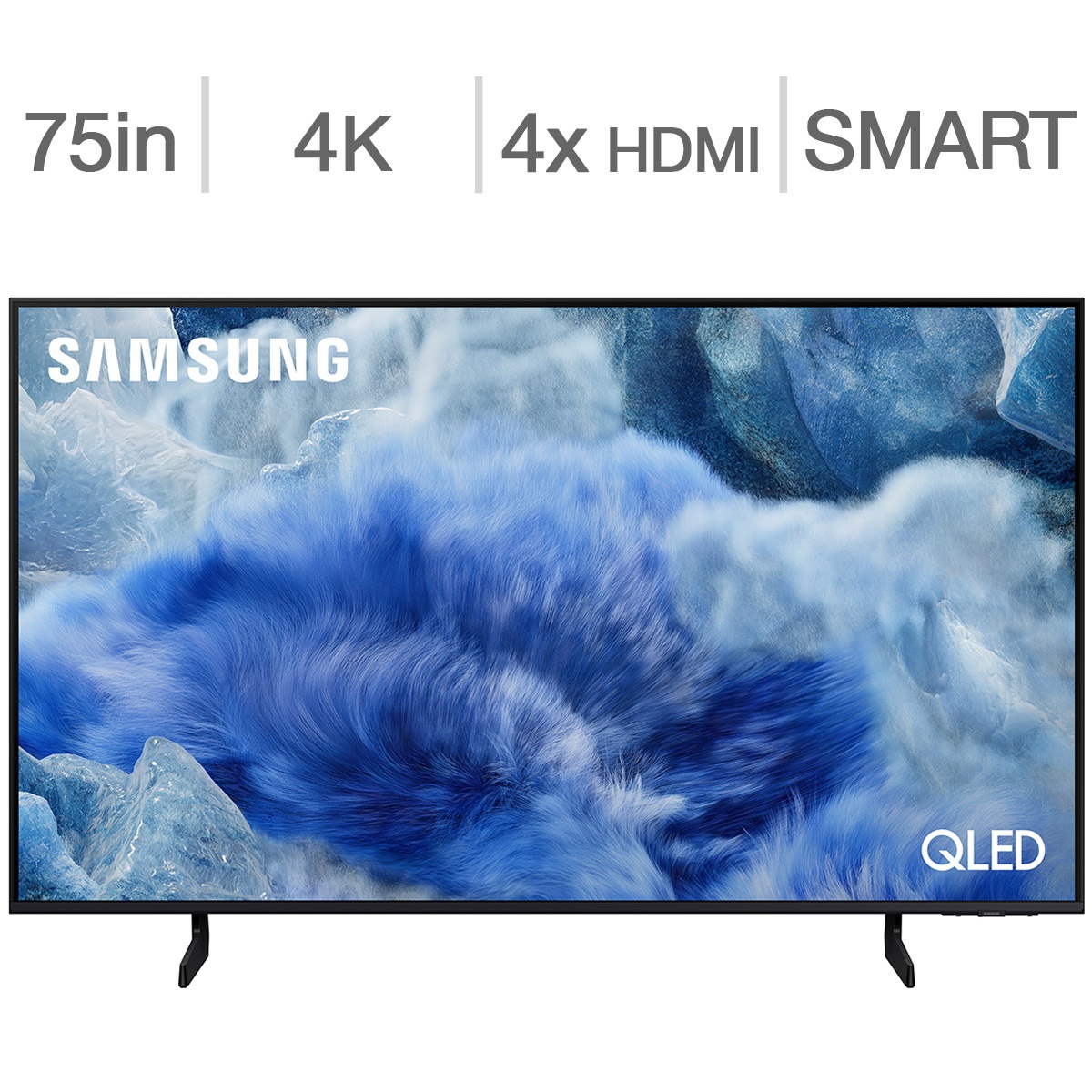 Front view of Samsung QLED TV with on-image callouts for 75 in, 4K, 4x HDMI, and Smart