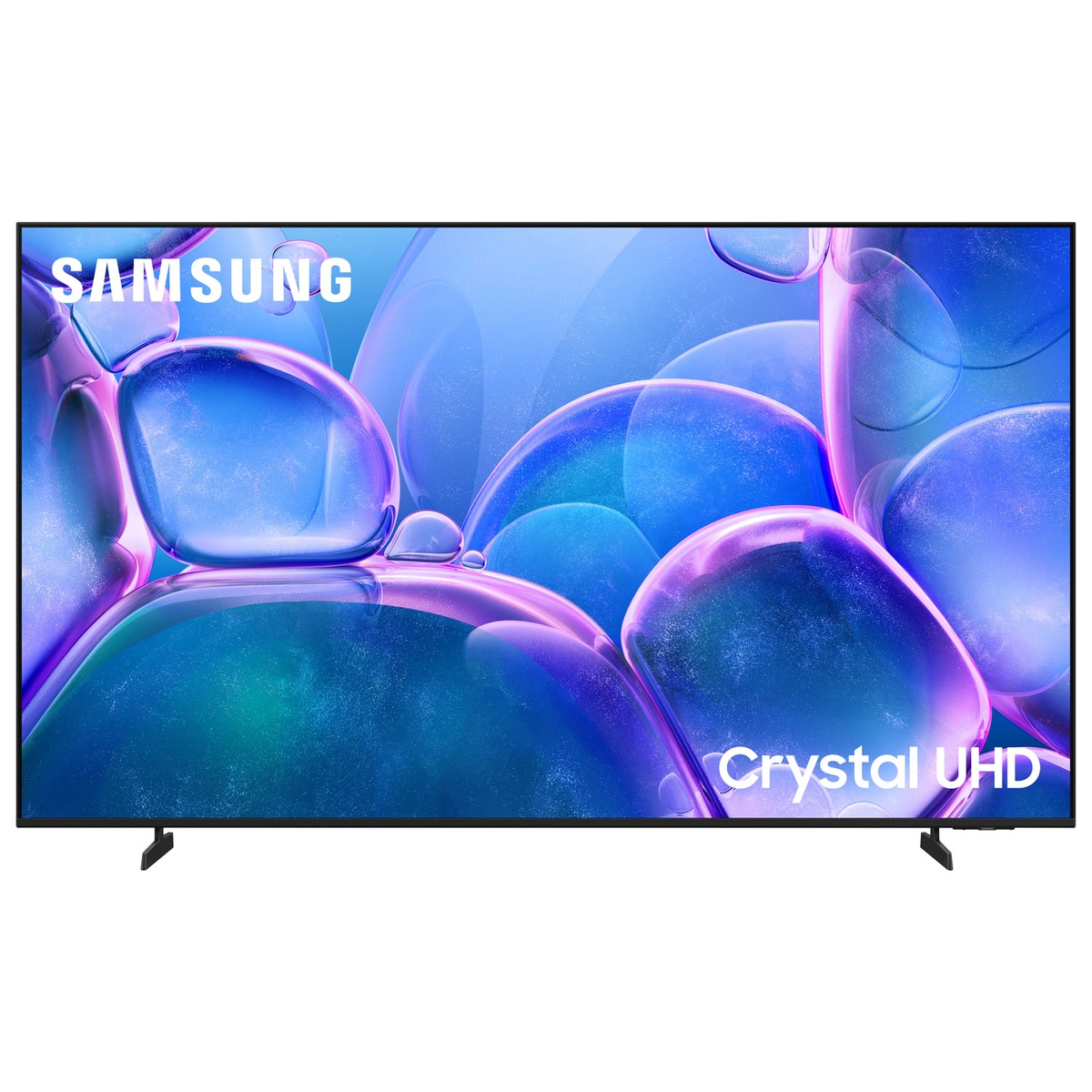 Front view of a Samsung Crystal UHD TV with slim bezels and two feet stands