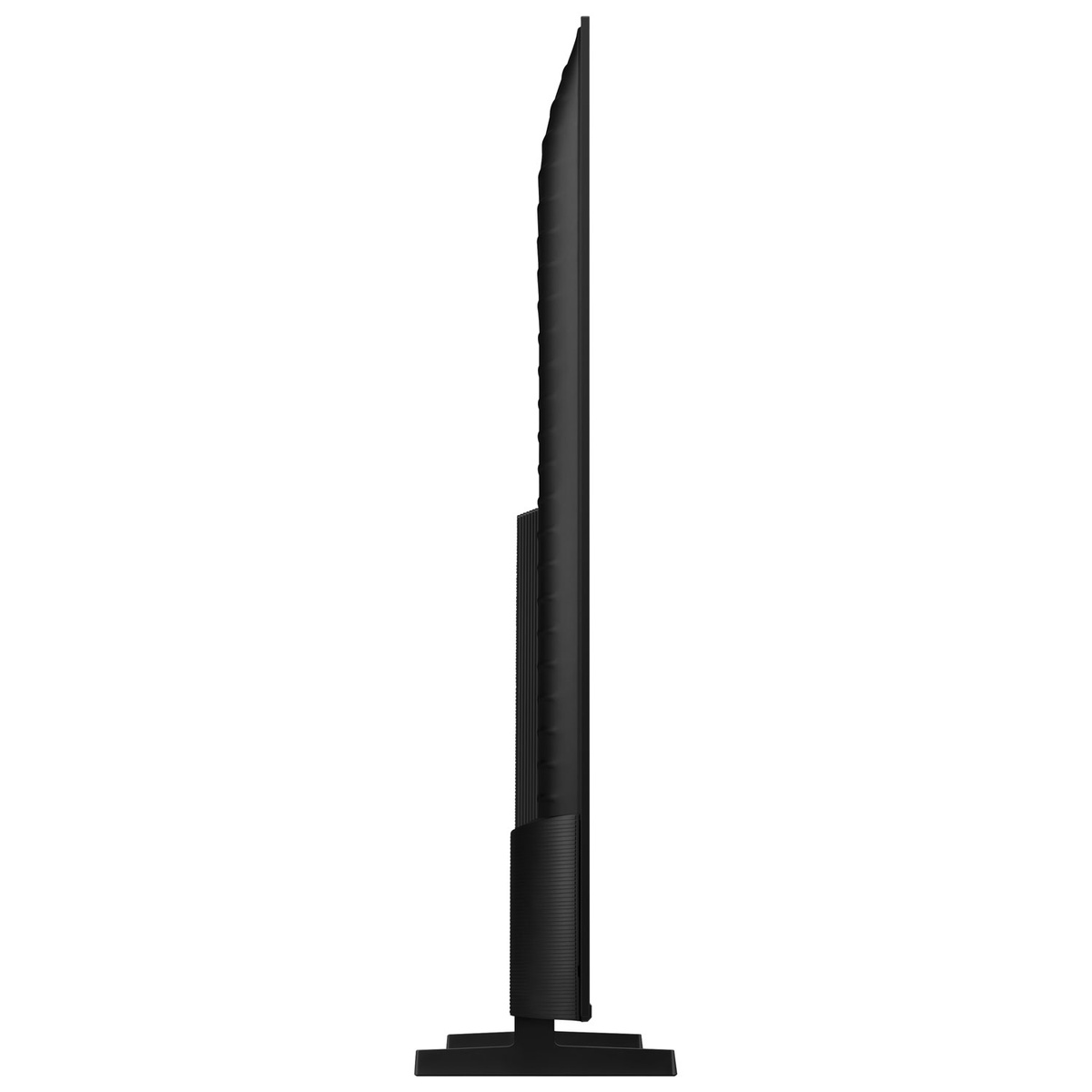 Side profile view of a Samsung TV showing a slim screen and stand