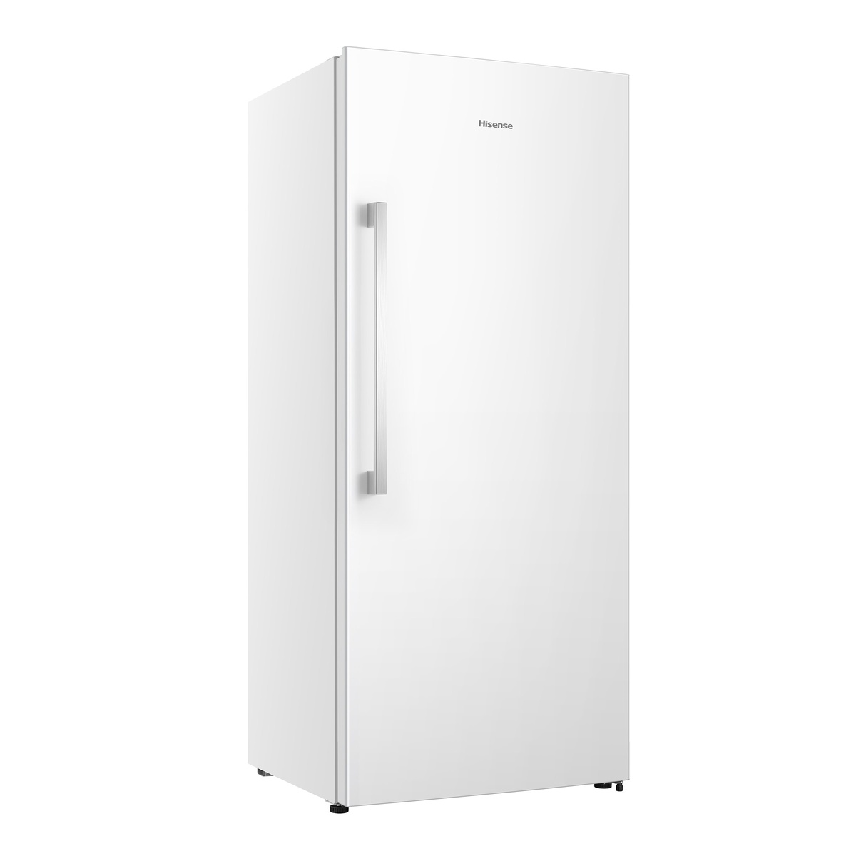 Angled view of a white Hisense upright convertible fridge or freezer with a vertical metal handle