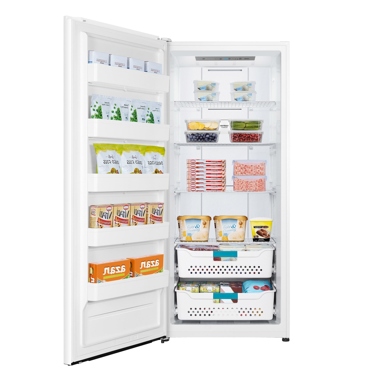 Open white Hisense upright showing shelves, door bins, and two pull-out storage baskets filled with food