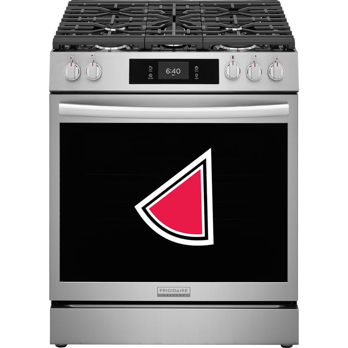 Front view of a stainless steel Frigidaire Gallery front-control gas range with five knobs, a central digital display, and continuous cast-iron grates