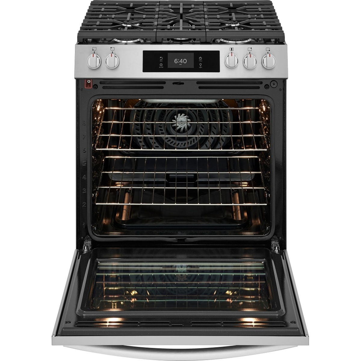 Oven door open showing the large oven cavity with multiple racks and a rear convection fan