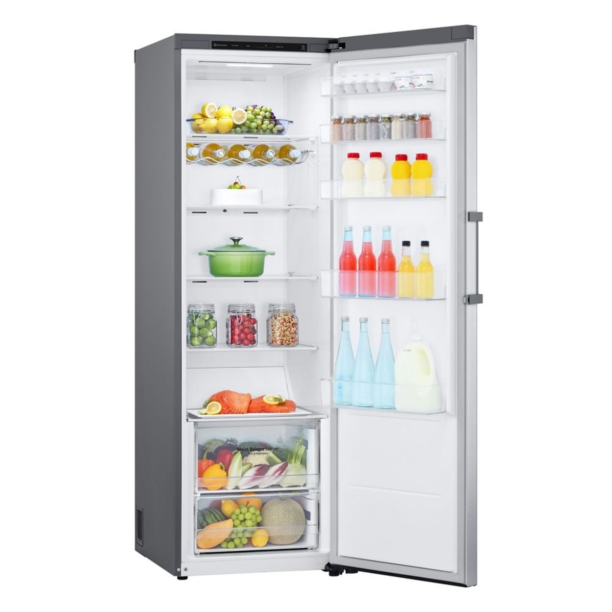 Open LG single-door refrigerator showing shelves, a bottle rack, door bins, and two produce drawers
