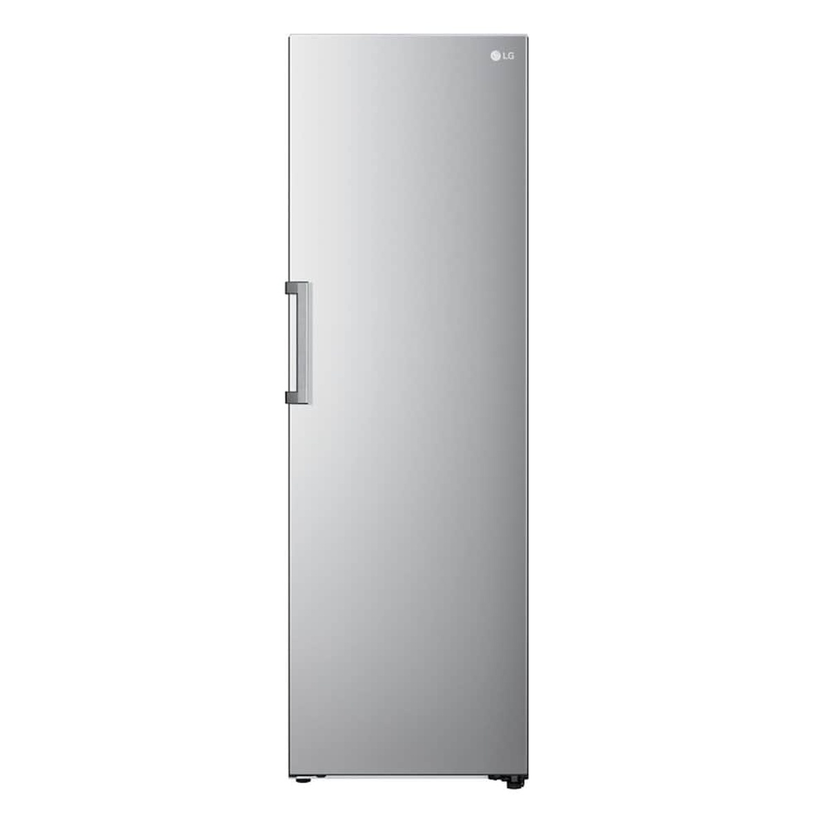 Front view of LG LRONC1404V single-door refrigerator in platinum silver steel with vertical handle