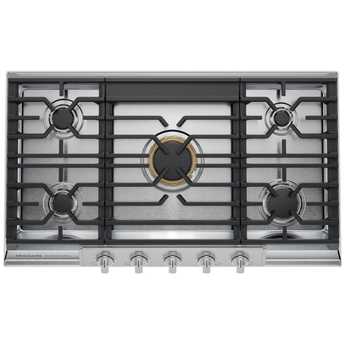 Top view of a stainless steel five-burner gas cooktop with continuous cast iron grates and front controls