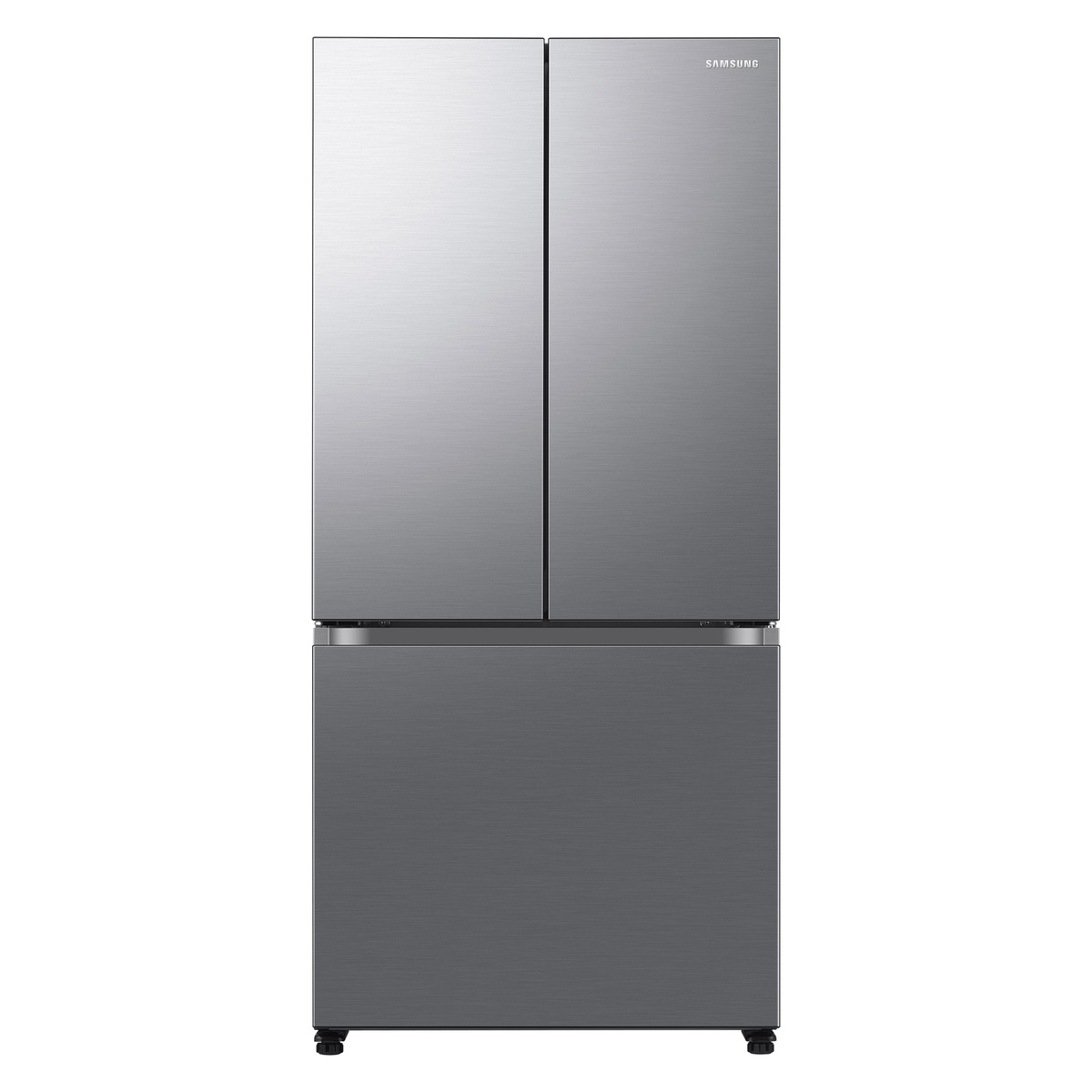 Front view of Samsung stainless steel counter-depth French door refrigerator with bottom freezer drawer