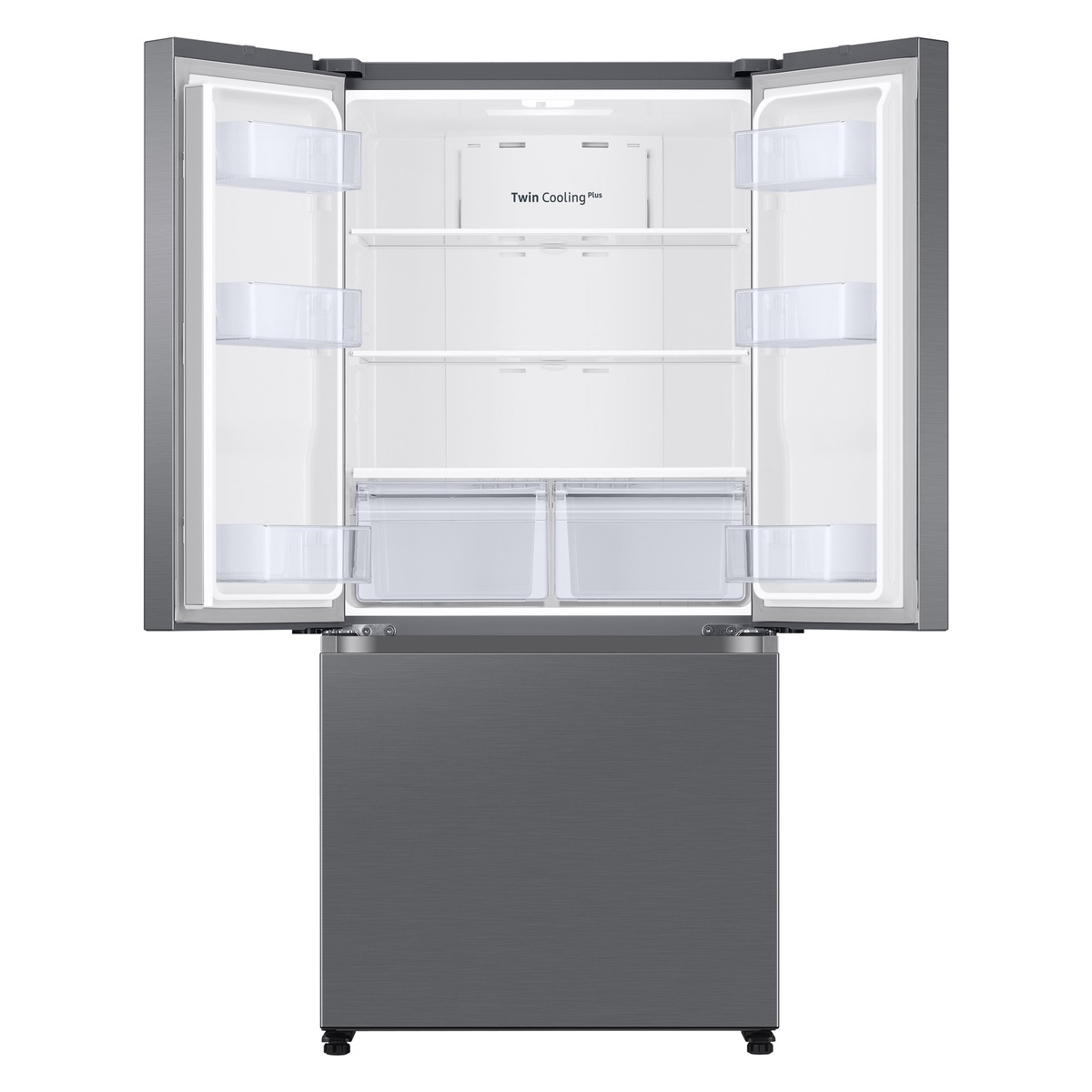 Open Samsung counter-depth French door refrigerator showing interior shelves, door bins, two crisper drawers, and Twin Cooling Plus label