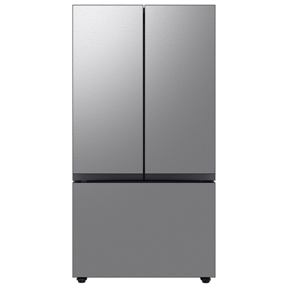 Front view of a Samsung Bespoke 3-door French door refrigerator with flat panels and a bottom freezer drawer
