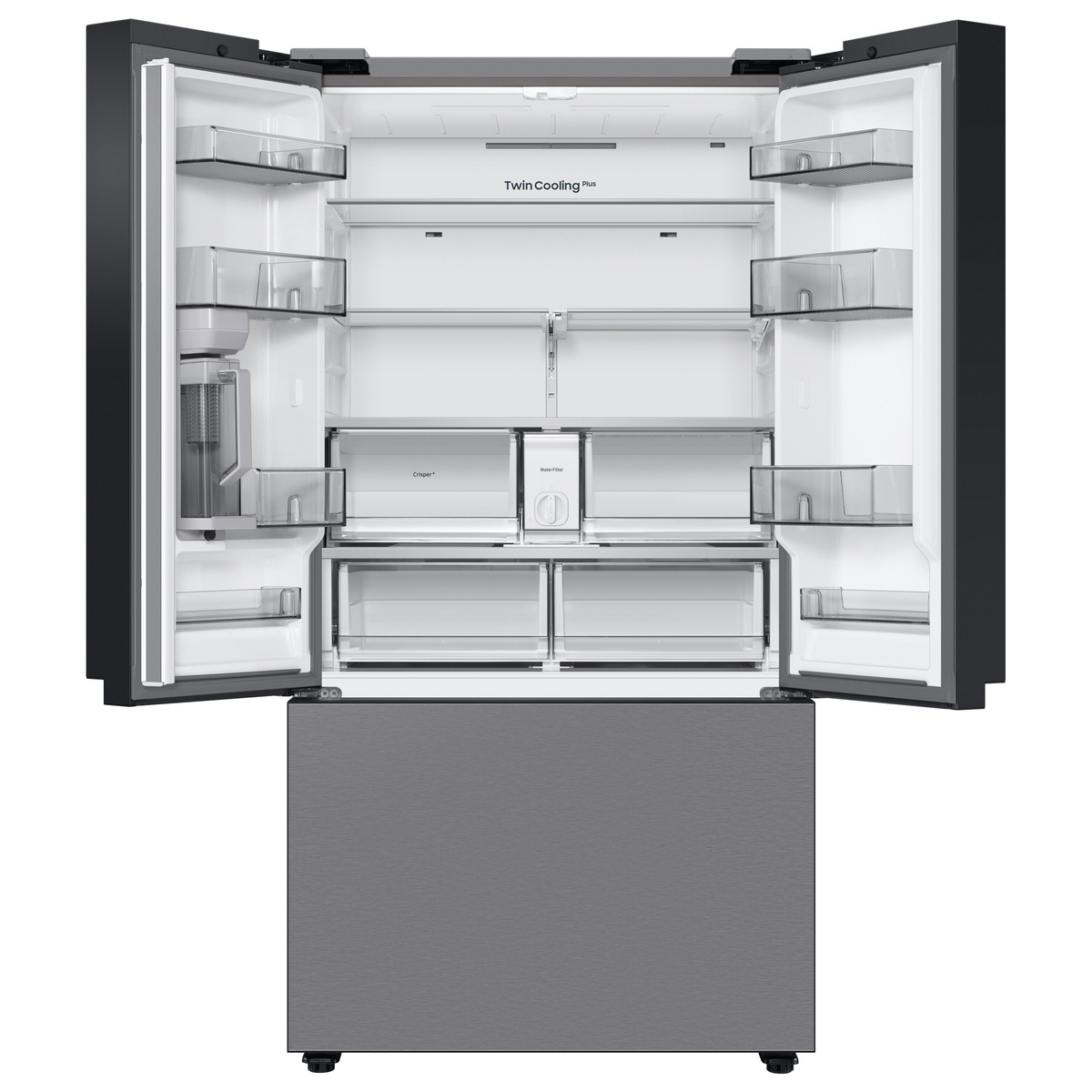 Open refrigerator interior showing adjustable shelves, door bins, clear drawers, and a door-mounted water pitcher