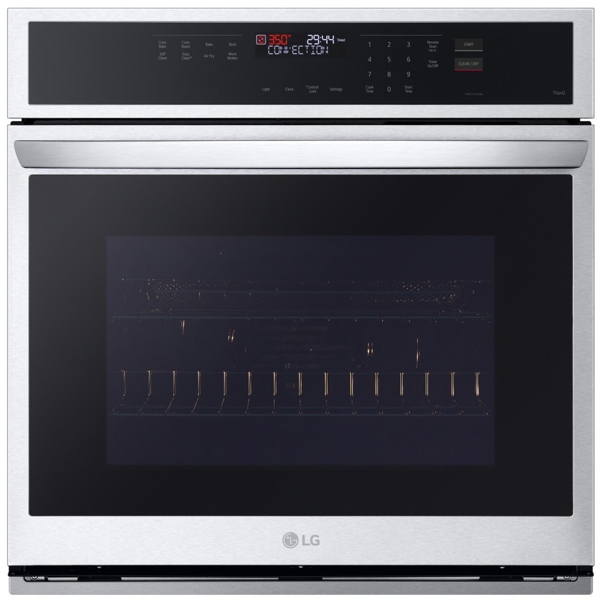 Front view of the LG 30-inch single wall oven in stainless steel with wide viewing window and curved bar handle