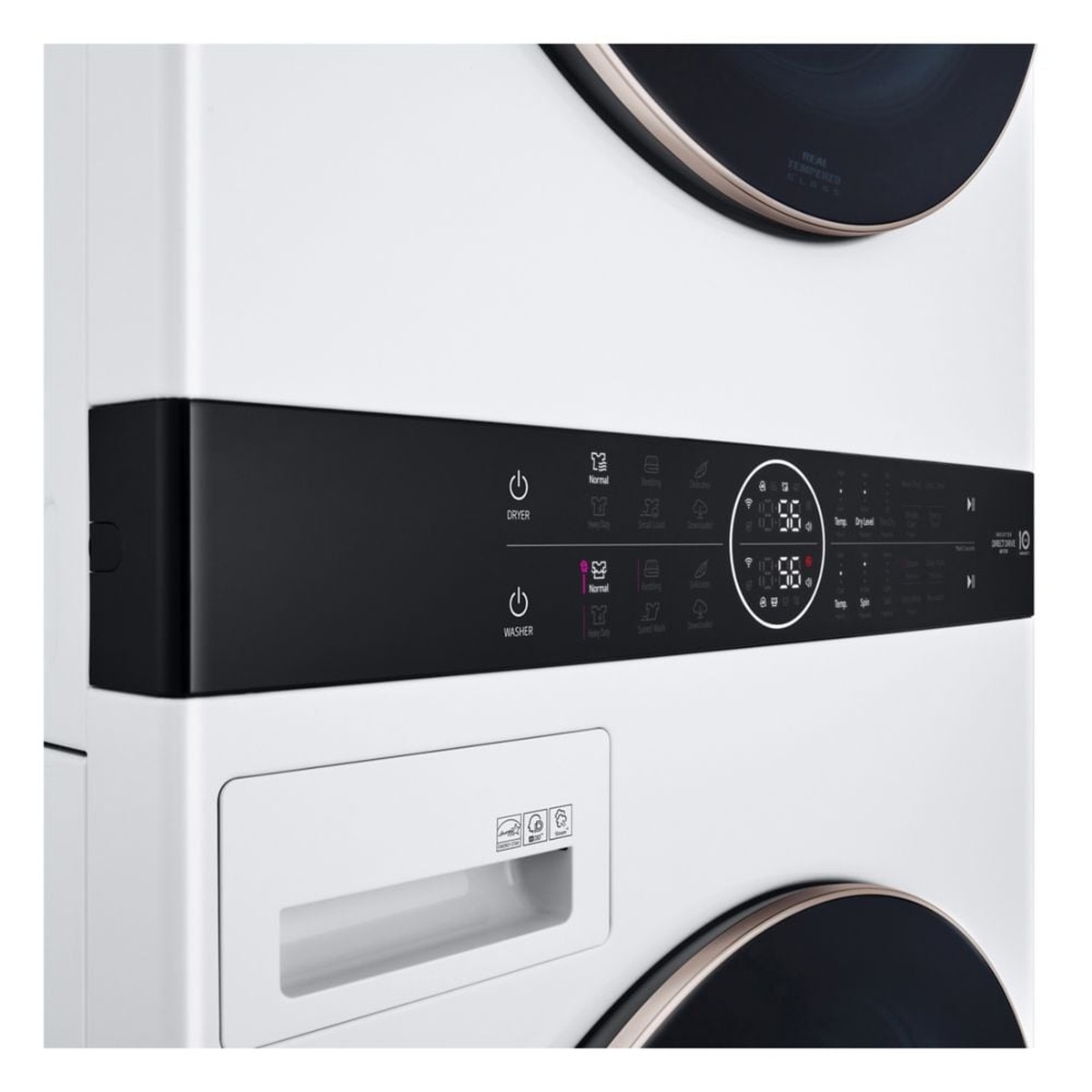 Close-up of the LG WashTower center control panel with digital displays and the front-access detergent drawer handle below