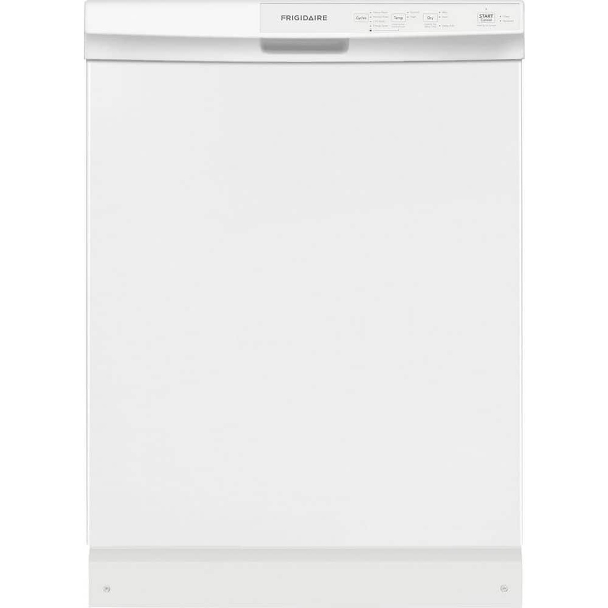 Front view of a white Frigidaire built-in dishwasher with a front control panel and pocket handle.