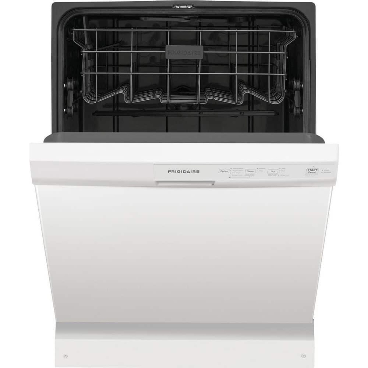 Frigidaire dishwasher shown open with the interior tub and upper rack visible.