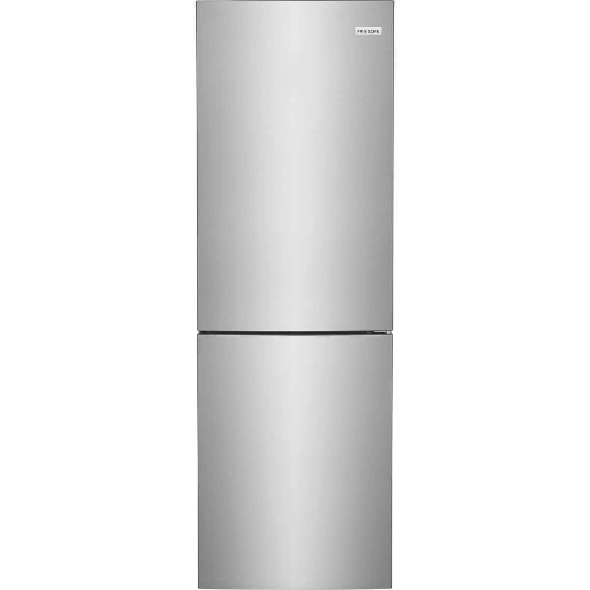 Front view of the Frigidaire bottom-freezer refrigerator in brushed steel with a smooth door design