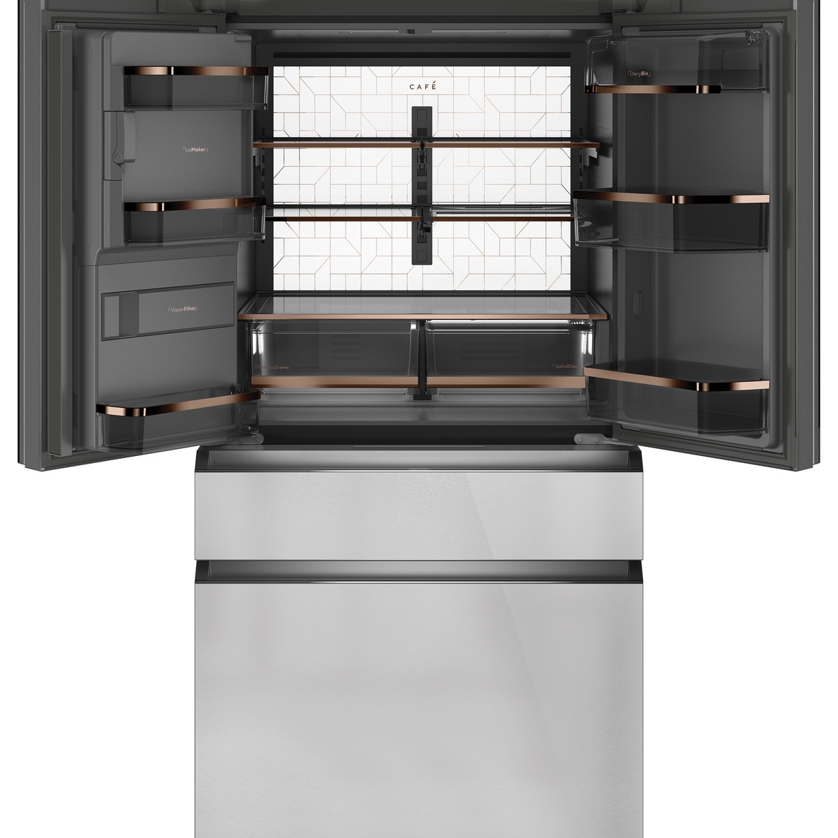 Open Cafe refrigerator interior showing LED light wall, glass shelves, door bins, and two produce drawers