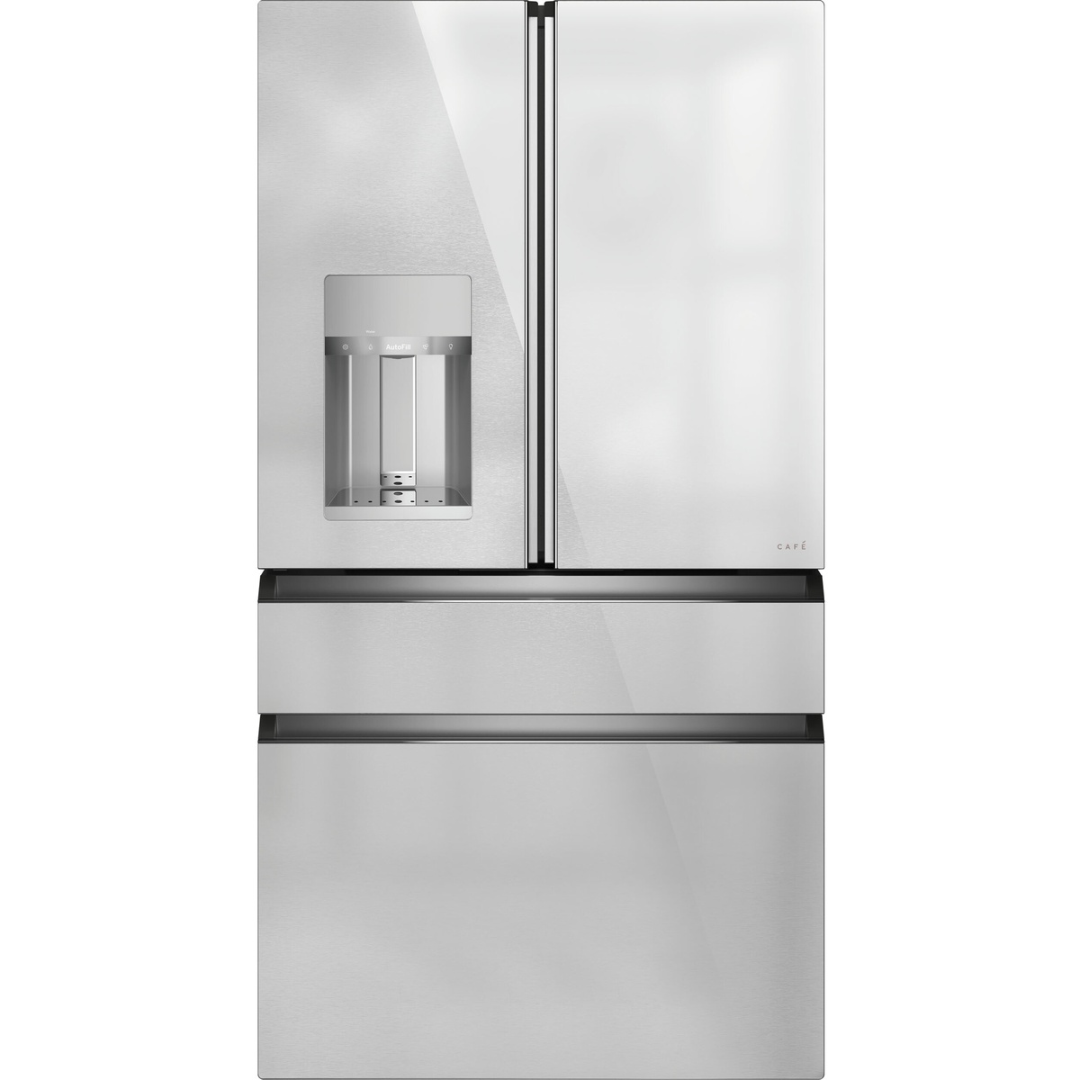 Front view of Cafe 4-door counter-depth refrigerator with flat glass doors and external dispenser