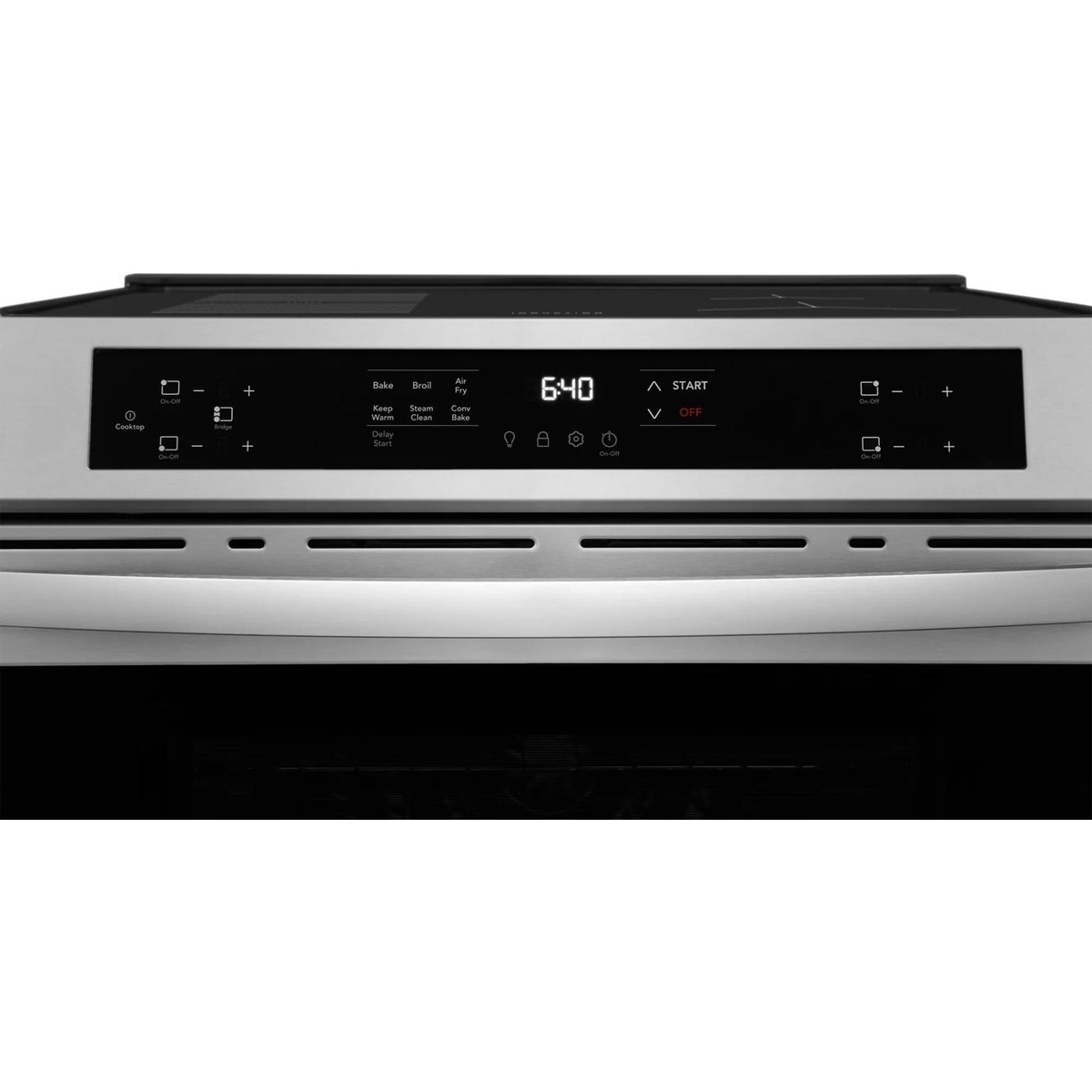 Front control panel of the Frigidaire induction range showing capacitive touch controls with modes like Bake, Broil, Air Fry, Steam Clean, and Conv Bake.