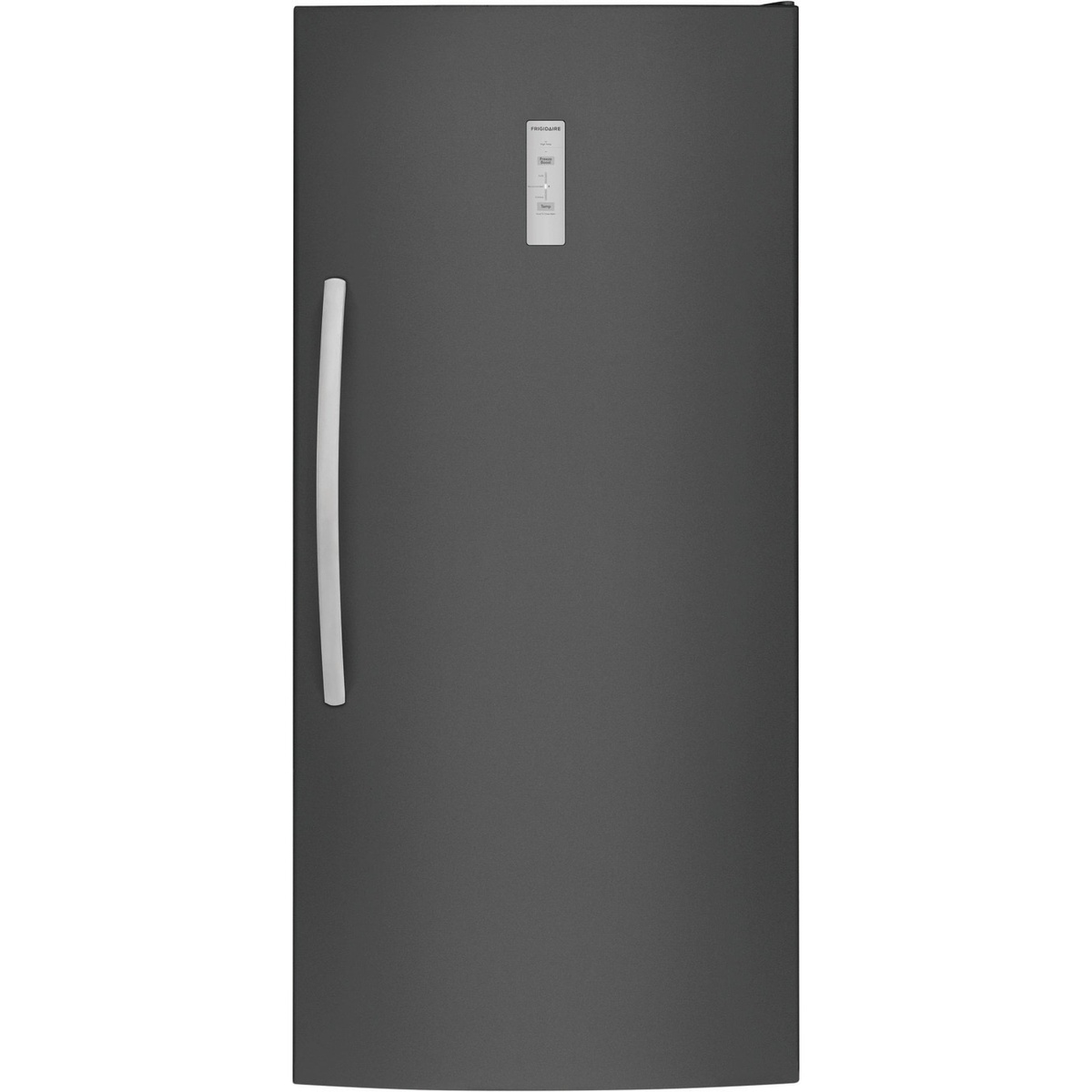 Front view of a Frigidaire upright freezer with a long vertical handle and a slim control panel on the upper door