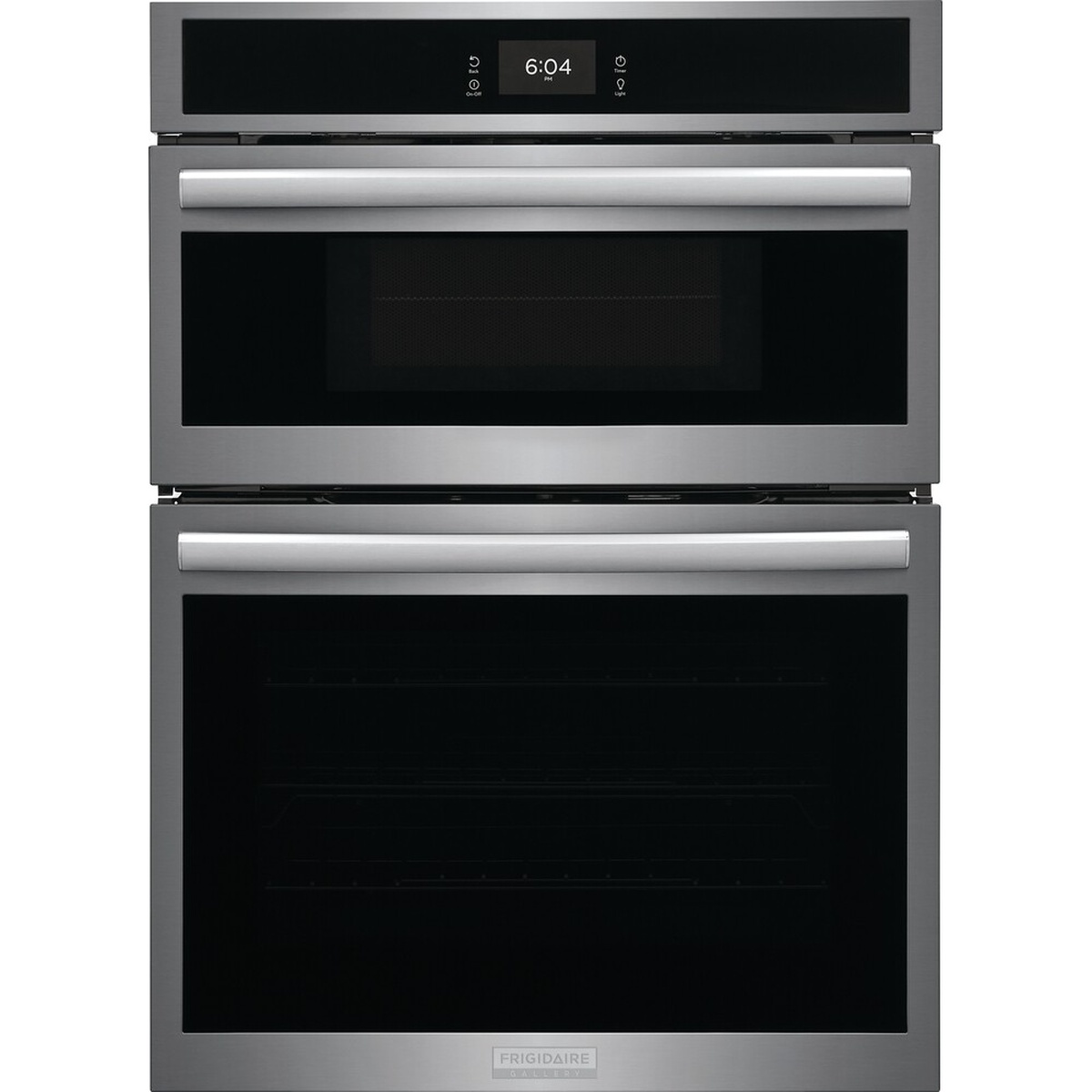 Front view of a stainless Frigidaire combination wall oven with a black glass touch control panel and two horizontal handles