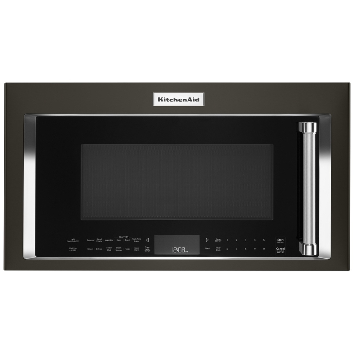 Front view of a KitchenAid over-the-range microwave in black stainless with a right-side handle and bottom touch controls
